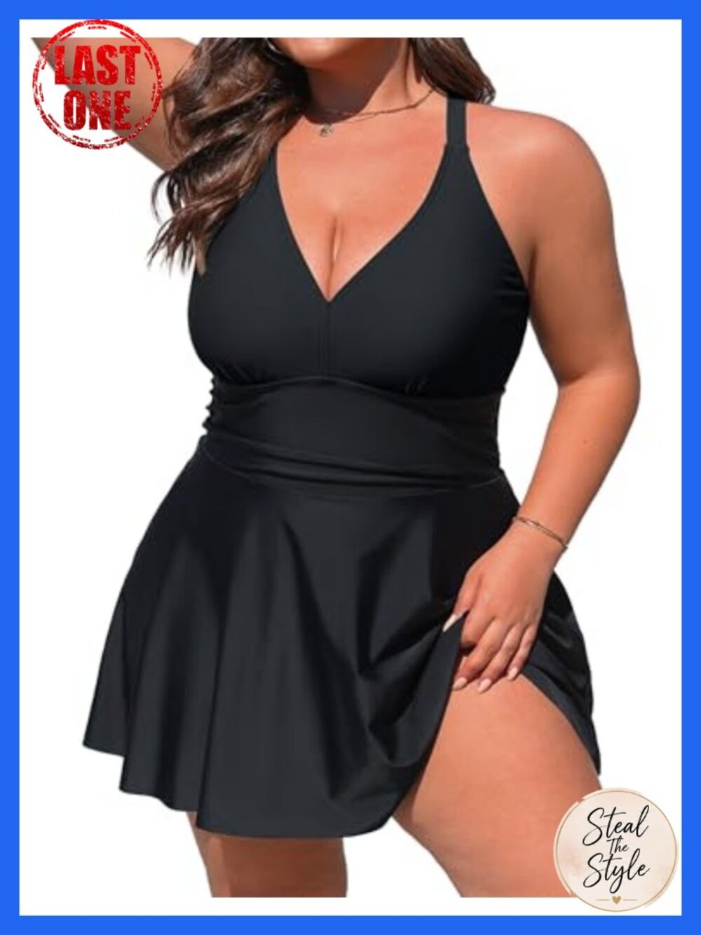 Plus Size One Piece Swimsuit with Pockets Tummy Control V Neck Swimdress Push Up